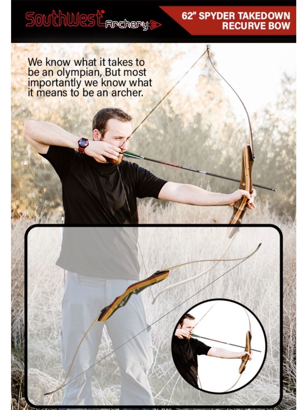 Spyder Takedown Recurve Bow - 62"-64" Hunting & Target Bow- 20-60lb Draw